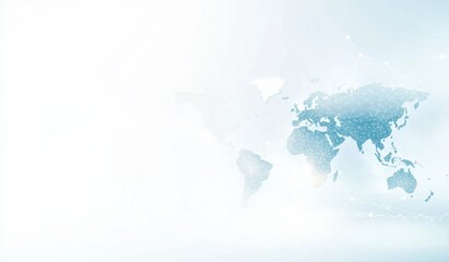 Abstract Global Network Design with Light Blue Background, World Map, and White Space for Text or Logo. Flat Design Illustration Featuring a White Grid Pattern and Gradient Effect.