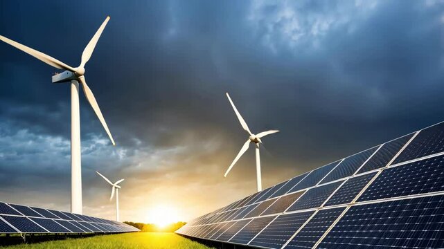 The frame features wind turbines and solar panels at sunset, symbolizing renewable energy and innovation in a dynamic and serene landscape