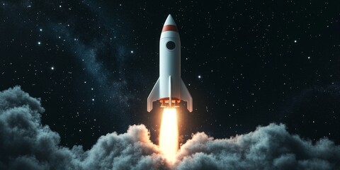 Naklejka premium Rocket launch into space with gray smoke and stars in the background for an AI company concept