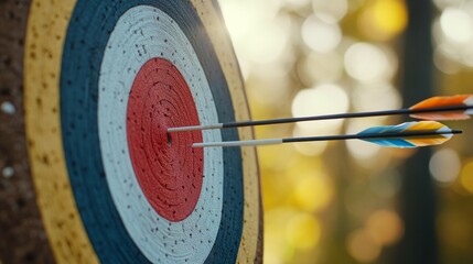 Arrows are embedded in the bullseye of a colorful target surrounded by trees, capturing the tranquility of a sunny afternoon dedicated to archery practice in a serene outdoor environment