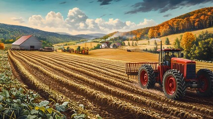 Naklejka premium Scenic view of a red tractor plowing a vast farmland with rolling hills and a barn in the background under a partly cloudy sky.
