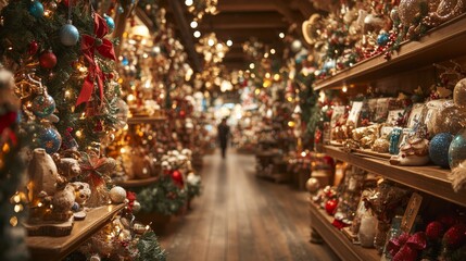 The interior of a cozy holiday shop is adorned with vibrant Christmas decorations, twinkling lights, and colorful ornaments, inviting visitors to explore