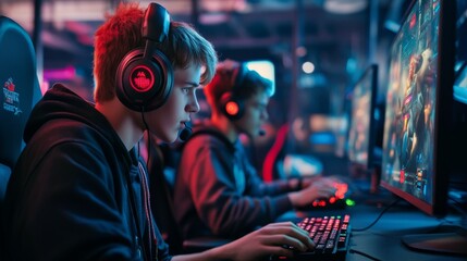 Two young individuals are deeply engaged in a competitive gaming session amidst a lively esports environment, surrounded by colorful lights and intense focus
