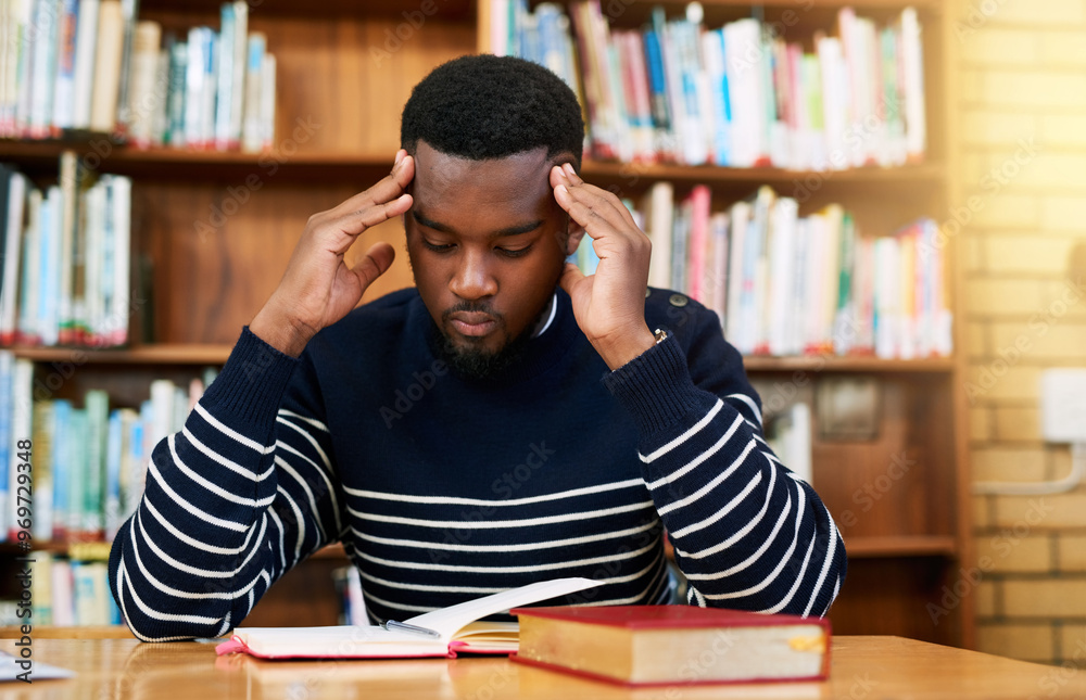 Poster stress, studying and black man with books in library for university, fatigue and overtime on researc