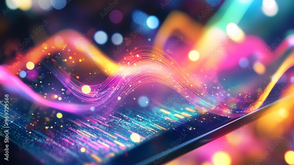 Poster a vivid display of colorful sound waves undulating across a screen, surrounded by glowing bokeh ligh