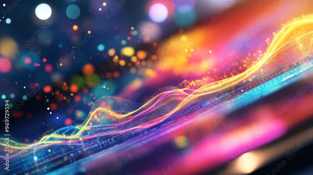 Poster vivid wave patterns create a mesmerizing visual against a backdrop of blurred lights, blending color