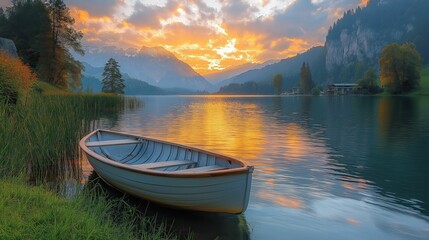 Obraz premium Rowboat on a calm lake at sunset with mountain scenery in autumn 
