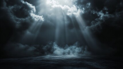 Obraz premium Abstract scene with dark clouds and light rays illuminating fog at night for product showcase