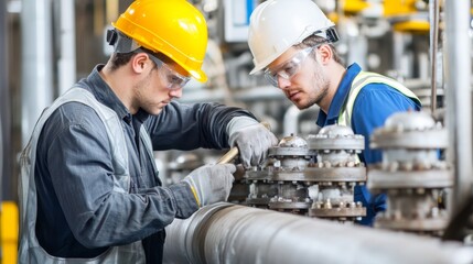 Two engineers in safety helmets and goggles work together on a valve in an industrial facility, ensuring proper maintenance and functionality of the piping system