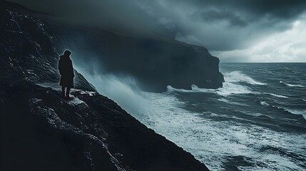 A shadowy figure standing at the edge of a cliff, gazing into a stormy sea, evoking a sense of danger and uncertainty