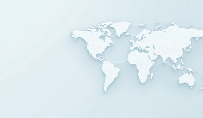 Abstract Global Network Design with Light Blue Background, World Map, and White Space for Text or Logo. Flat Design Illustration Featuring a White Grid Pattern and Gradient Effect.