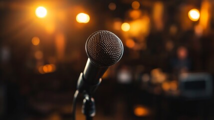 A microphone stands ready for action in a warm-lit live music venue, hinting at an upcoming performance amidst a vibrant atmosphere filled with anticipation