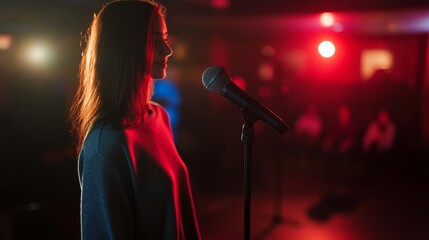 A woman prepares to deliver her speech on stage, with soft red and blue lighting illuminating the space while the audience watches eagerly from the shadows