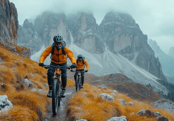 Obraz premium Mountain bikers riding on a rugged trail in autumn landscape