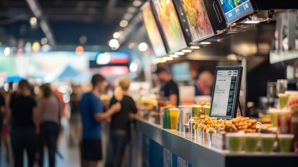 Obraz premium Patrons gather at a lively food court where a variety of snacks and vibrant drinks are served, creating an energetic atmosphere during the busy afternoon