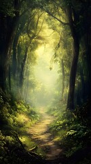 Obraz premium A serene landscape of a dense forest with a narrow path leading into the unknown, inviting viewers to imagine what lies ahead