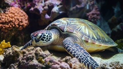 Obraz premium Sea Turtle Resting on Coral Reef