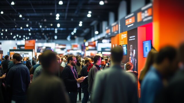 Attendees gather in a vibrant exhibition hall filled with colorful displays, engaging with technology vendors and networking during a lively conference event