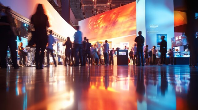 The atmosphere buzzes with excitement as attendees engage with various exhibits showcasing innovative technology and interactive displays in a lively exhibition setting