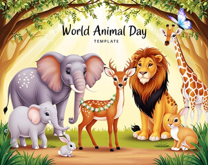 Fototapeta premium World animal day with group of animals concept illustration background poster template design for celebration usage