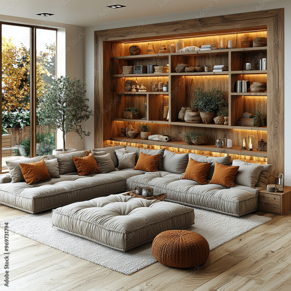 Canvas Prints A cozy living room with a large sectional sofa and a built-in wooden shelf.