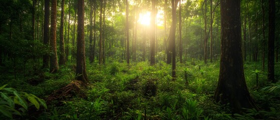 Obraz premium Sunlight streaming through a dense, lush forest with green foliage creating a serene, natural scenery in the early morning.