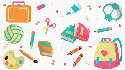 School supplies supplies. Vector flat illustration in hand drawn style with color and shadows. Back to school, school supplies for children, kindergarten
