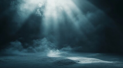 Fototapeta premium Mysterious light rays pierce through dark clouds and smoke over a sandy floor
