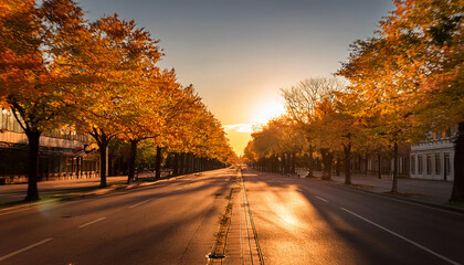 Fototapeta premium Sunset Boulevard- A City Street at Sunset, with Long Shadows and Warm Autumn Light
