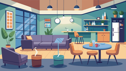 A living room with a couch, a coffee table, and a refrigerator