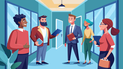 A group of people are standing in a hallway, some of them are smiling