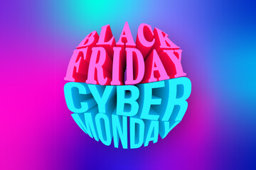 3D text of Black Friday and Cyber Monday on colorful background