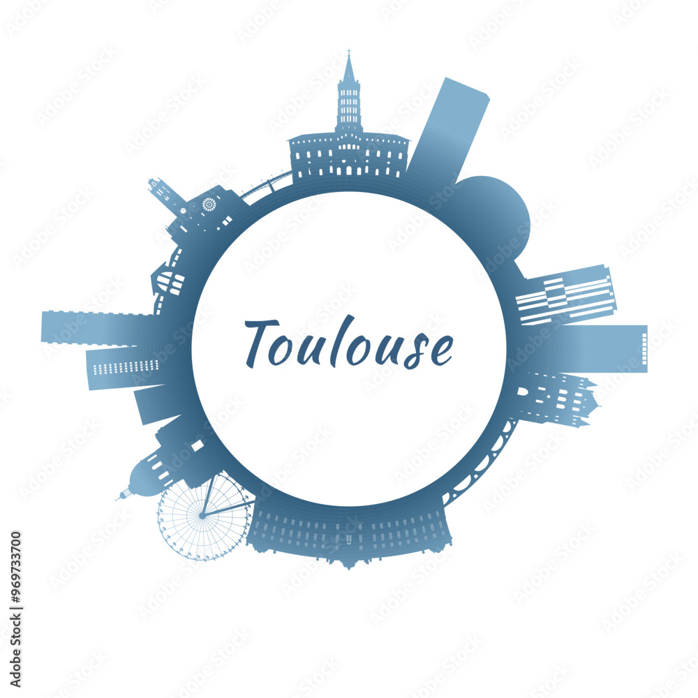 Wall mural toulouse skyline with colorful buildings. circular style. stock vector illustration.