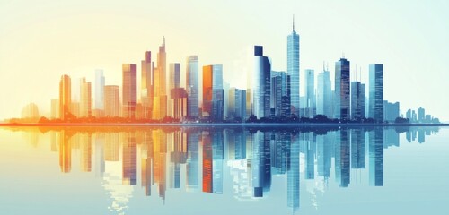 Abstract Vector Illustration of Modern Cityscape with Skyscrapers and Buildings Along a River, Set Against a Light Blue Background.