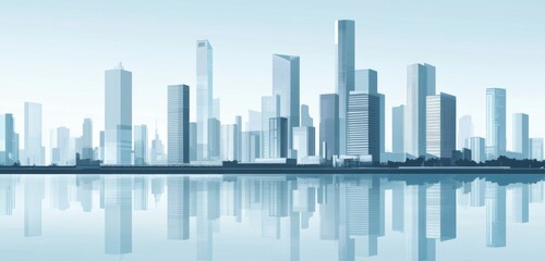 Fototapeta premium Abstract Vector Illustration of Modern Cityscape with Skyscrapers and Buildings Along a River, Set Against a Light Blue Background.