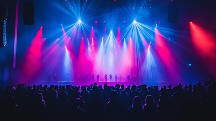 A large audience enjoys a lively concert as bright, colorful lights illuminate the stage, creating...