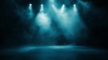 Illuminated stage with fog and spotlights for a product presentation in a theater