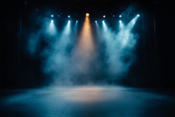 Naklejka premium Spotlit stage with fog in a theater setting during a product presentation