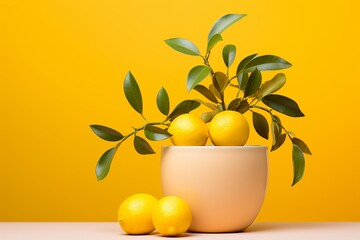 Minimalist still life with fruits, plants, and ceramics on a simple background emphasizing form
