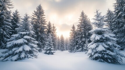 Naklejka premium Tall pine trees blanketed in thick snow create a peaceful winter landscape, with a warm glow from the setting sun piercing through the branches. The scene exudes tranquility