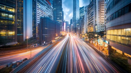 Naklejka premium A vibrant city street is alive with the flow of traffic, as colorful lights from vehicles streak against the backdrop of towering skyscrapers during twilight