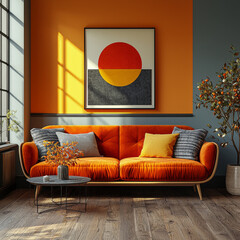 Modern living room with orange velvet sofa and geometric artwork.