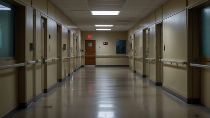 Empty Corridor with Doors and Handrails in saudi arabian Hospital