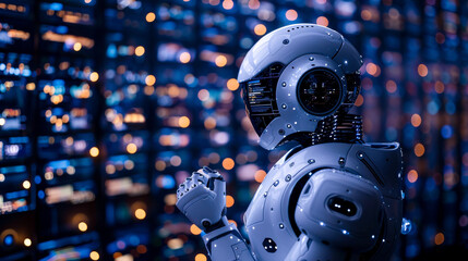 advanced artificial intelligence system is depicted in futuristic setting, showcasing its intricate design and capabilities. robot stands against backdrop of glowing screens, symbolizing its role in