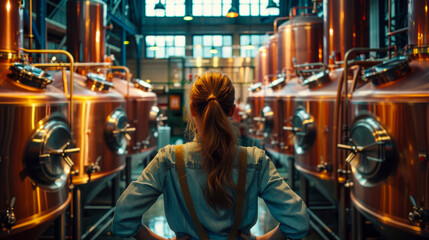 A worker stands in brewery, surrounded by large copper fermentation tanks, observing brewing process. atmosphere is vibrant and industrious, showcasing art of brewing