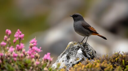 Fototapeta premium A Black Redstart Perched on a Rock with Pink Flowers