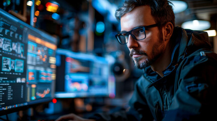 Cybersecurity professional installing antivirus software while analyzing data on multiple screens. focused expression highlights importance of cybersecurity in todays digital landscape