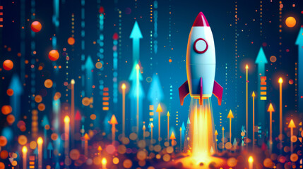 A vibrant digital infographic featuring rocket launching upwards amidst colorful arrows and glowing circles, symbolizing growth and progress. dynamic composition evokes sense of excitement and innovat