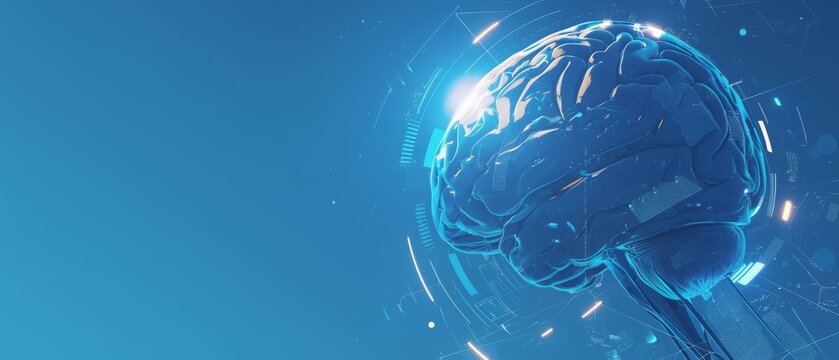Digital Brain on a Blue Background with Glowing Connections, Symbolizing Artificial Intelligence and Technology. Vector Illustration of Human Mind and Emotional State.
