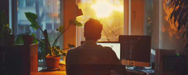 Senior Financial Analyst Reviewing Stock Market Data on Dual Monitors in a Professional Office